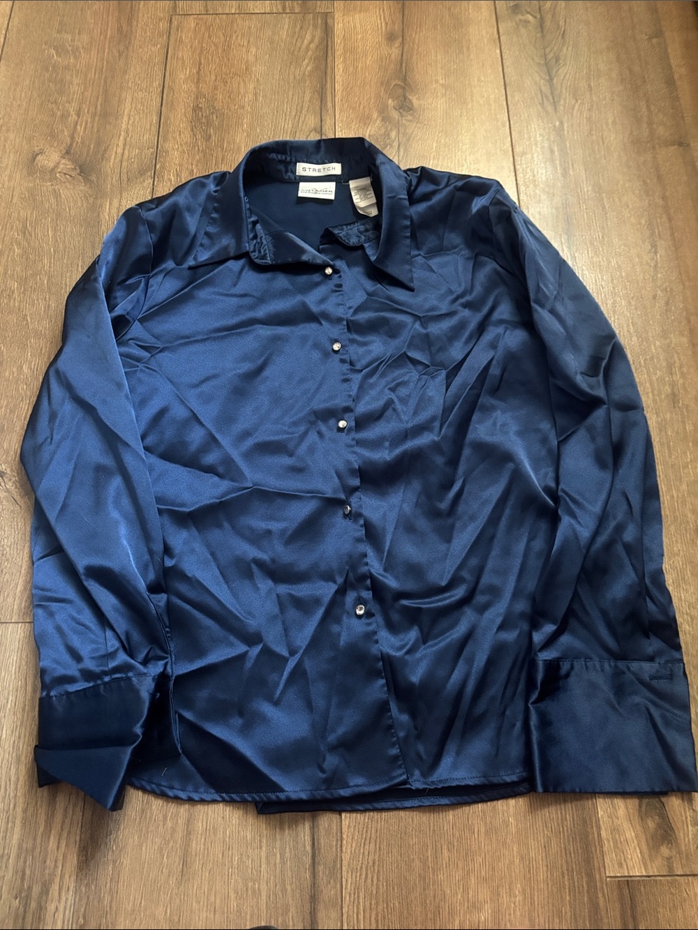Woman’s Navy Satin Button-Up Shirt in